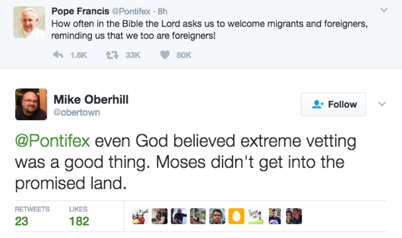 Screenshot of a Twitter user explaining to Pope Francis why he’s wrong that the bible asks humans to welcome migrants and foreigners (Twitter)